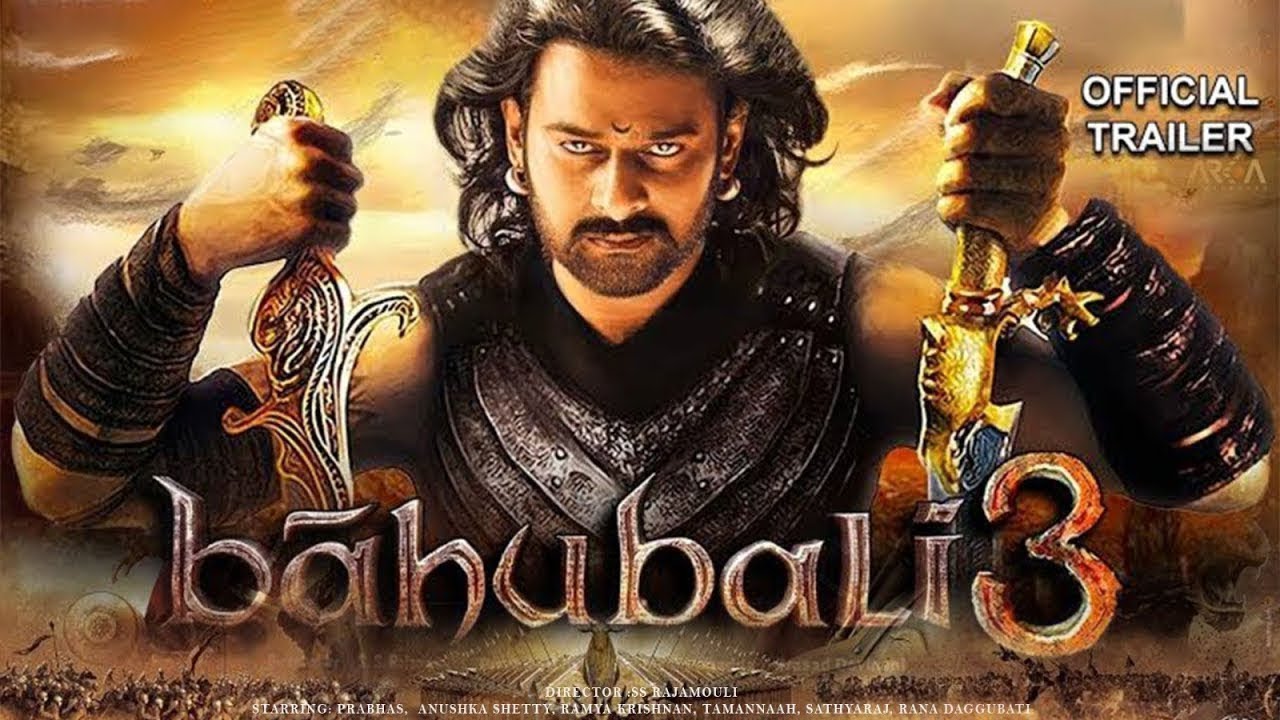 "Baahubali 3 Announcement Poster Featuring Prabhas and Rajamouli"